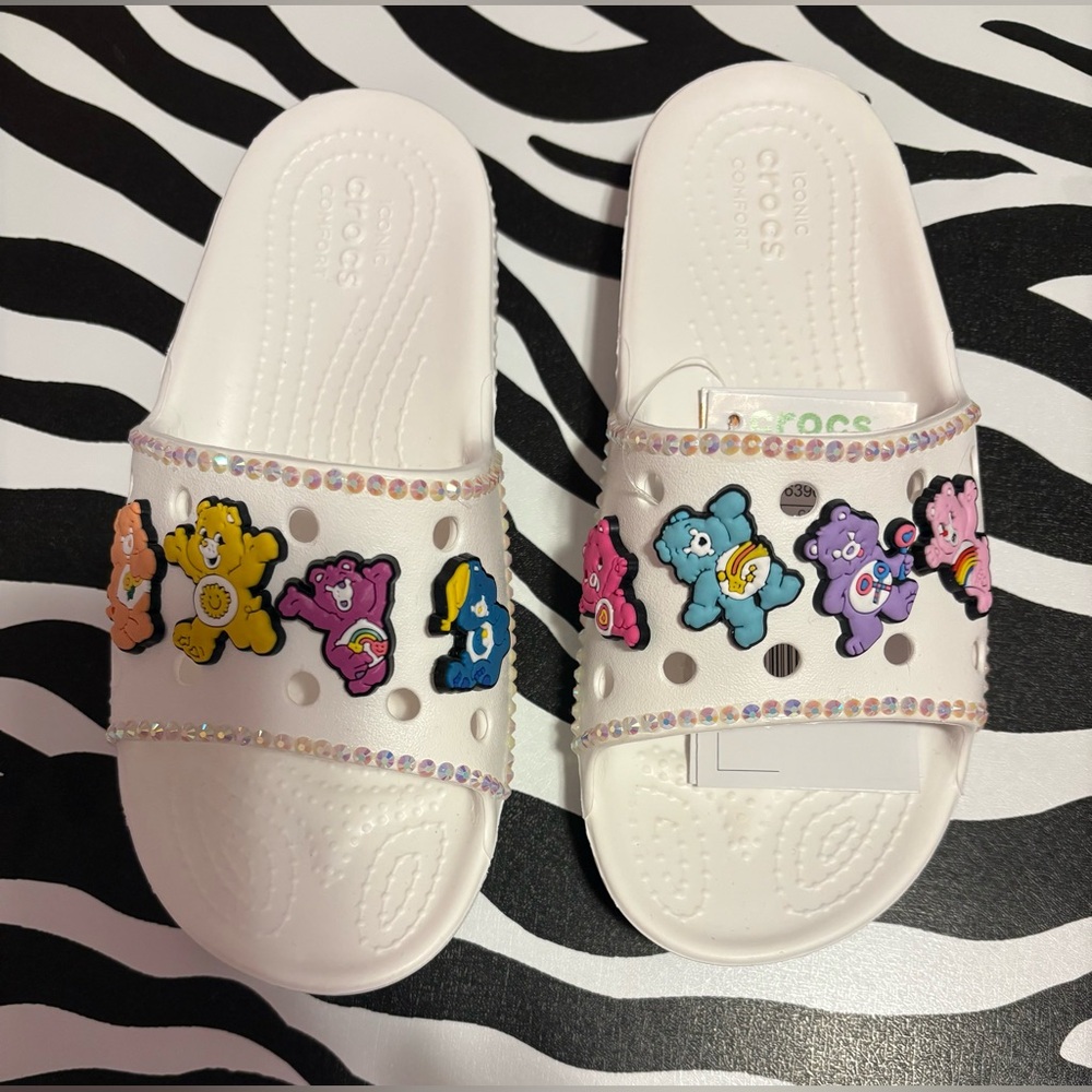 CROCS white kids Slide Sandals with Care Bear Charms